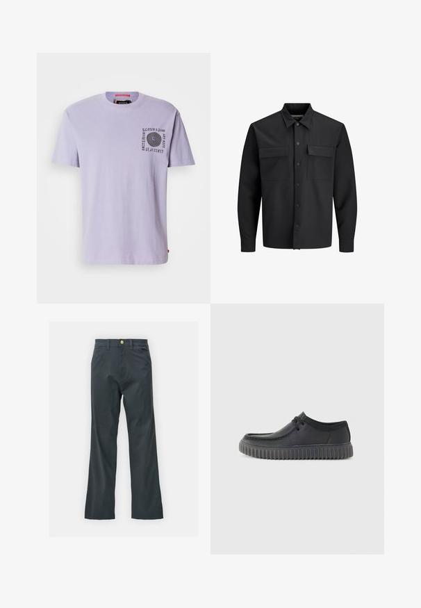 Črna srajčna jakna z dolgimi rokavi in gumbom, ki ima dve sprednji žepni odprtini s pokrovčkom in koničast ovratnik.; Lavanda bombažna majica s kratkimi rokavi in okroglim izrezom, na levi prsni strani pa je črna spirala. Oznaka je vidna na vratu.; Črne hlače s ravnim krojem, izdelane iz mešanice bombaža. Imajo kovinsko zaponko in stranske žepe. Brez vidnih vzorcev.; Črne usnjene casual čevlje z zaobljenim nosom, nizkim profilom in debelim rebrastim gumijastim podplatom. Imajo detalje svezanja in gladko teksturo.