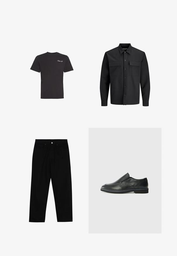 Camicia giacca nera a maniche lunghe con bottoni, dotata di due tasche frontali con linguetta e colletto a punta.; T-shirt nera a maniche corte con piccolo testo in corsivo bianco "Closure Lin" sul lato superiore sinistro del petto, sfondo uniforme.; Pantaloni in denim nero con taglio dritto, design a cinque tasche e chiusura frontale con bottone. Tessuto liscio con dettagli di cucitura minimi.; Scarpa nera in pelle con inserto scivolare, superiore liscio, dettagli cuciti, punta arrotondata e tacco in gomma basso. La suola presenta un battistrada minimale.