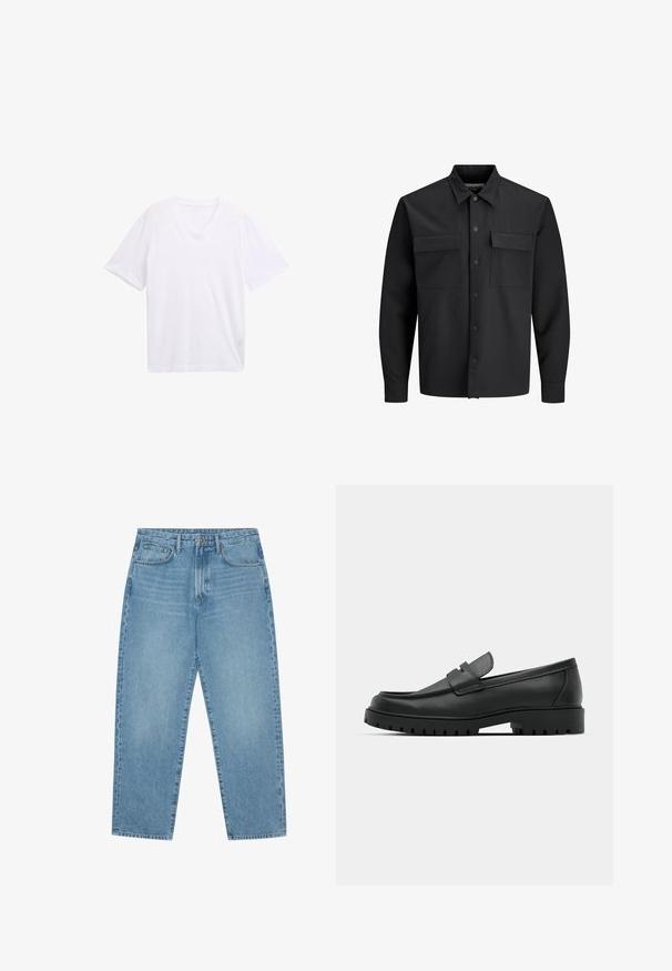 Czarna koszula z długim rękawem zapinana na guziki, z dwiema przednimi kieszeniami z klapami i kołnierzykiem w szpic.; Biała koszulka z dekoltem w serek, wykonana z lekkiej bawełny. Krótkie rękawy i luźny krój. Gładka faktura bez wzorów graficznych lub dodatkowych akcentów.; Jasnoniebieskie dżinsowe spodnie o szerokich nogawkach i wysokim stanie, z pięcioma kieszeniami, szlufkami na pasek oraz miękką, lekko przytłumioną fakturą.; Czarne skórzane mokasyny z zaokrąglonym noskiem, posiadające przeszywany wzór, niską platformę oraz teksturowaną, gumową podeszwę z bieżnikiem.