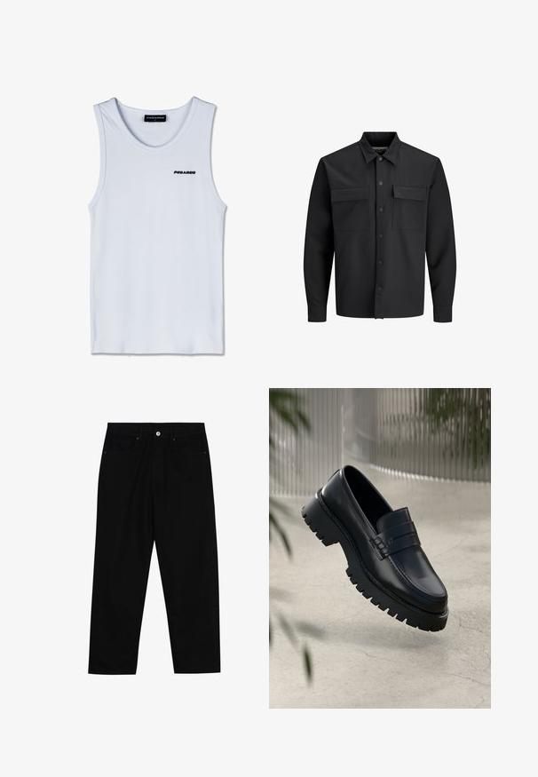 Čierna dlhá košeľa s gombíkmi a prevedením na bundu, s dvoma prednými vreckami na klapku a špicatým golierom.; Biely bezrukávový top s čiernym logom "PEGADOR" na hrudi a čiernym štítkom s nápisom "PEGADOR M" na golieri.; Čierne denimmové nohavice s rovný strihom, dizajnom s piatimi vreckami a upínaním na prednej strane. Hladká textúra s minimálnymi detailmi šitia.; Čierne kožené loafery s robustnou podrážkou, s dekoratívnym pásikom a prešívaním. Hladký povrch s lesklým finišom.