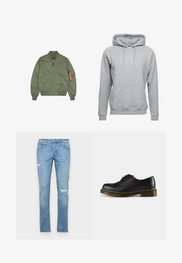 Veste bomber vert olive, en nylon, fermeture éclair à l'avant, poignets et ourlet côtelés, poches latérales, avec un détail de tag rouge sur la manche gauche.; Hoodie gris en coton doux, doté d'une poche avant, de cordons de serrage réglables et de poignets et d'un ourlet côtelés.; Jean en denim bleu clair, coupe droite, avec des accents d'usure au genou et un design classique à cinq poches.; Chaussure en cuir noir avec un bout arrondi, design à lacets, couture jaune le long de la semelle et une semelle en caoutchouc texturée et épaisse.