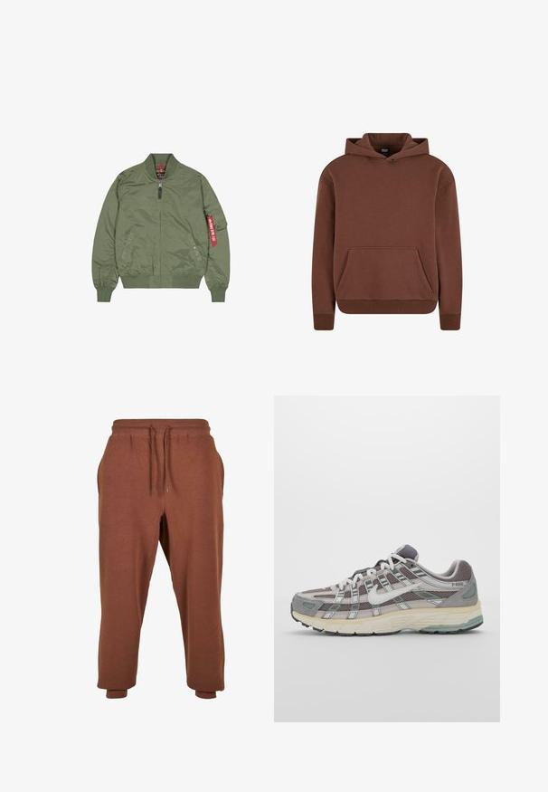 Alavijo žalios spalvos bomber tipo striukė, pagaminta iš nailono, užtrauktuko priekyje, gumuoti rankogaliai ir apačia, šoninės kišenės, su raudono ženklo detale kairiajame rankove.; Rudas gobtuvė sukurta iš minkštos medžiagos, turi kengūros kišenę, stačiakampius rankogalius ir laisvą praplatintą siluetą.; Urban Classics Treningo apatinė dalis - bark; Pilkas sportinis batas su tinklu ir zomšos viršutine dalimi, baltomis detalėmis, paminkštintu padu ir išskirtiniu dizainu su atspindinčiais elementais.