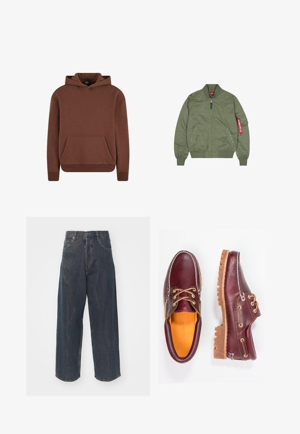 Giacca bomber verde oliva, materiale in nylon, chiusura con zip frontale, polsini e orlo a coste, tasche laterali, dettagli con etichetta rossa sulla manica sinistra.; Felpa con cappuccio marrone realizzata in tessuto morbido, dotata di tasca a marsupio, polsini a costine e un design comodo.; Jeans in denim blu scuro a gamba ampia con una sottile texture strappata, cinque tasche e una chiusura classica con bottone e zip in vita.; Scarpe in pelle bordeaux con suole in gomma marrone, punta rotonda, cuciture bianche e occhielli dorati. L'interno presenta un rivestimento giallo.