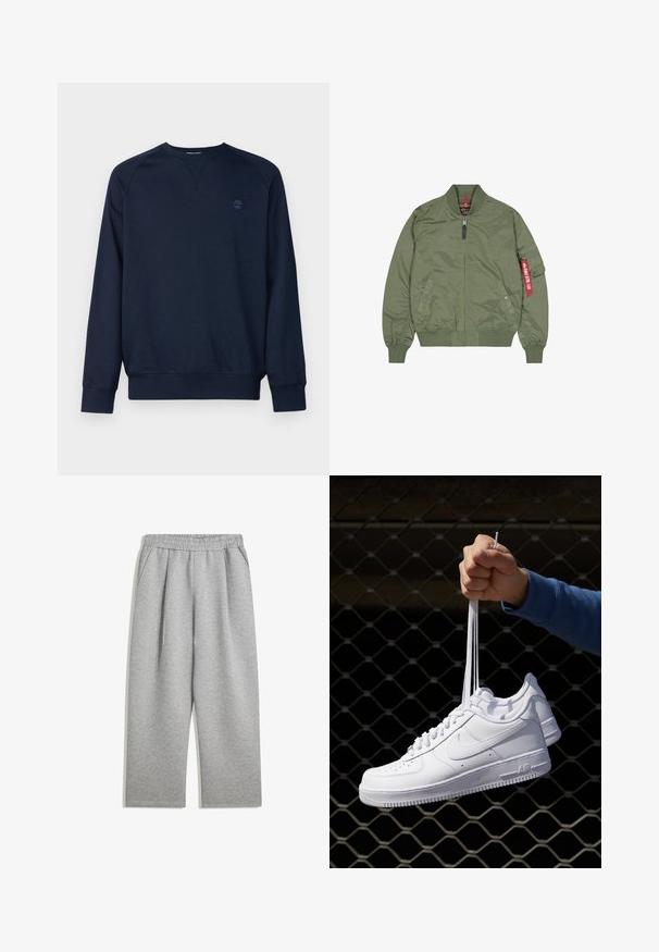 Bomberka w kolorze oliwkowym, materiał nylonowy, zamek z przodu, ściągacze u rękawów i na dole, kieszenie boczne, z czerwonym detalem na lewym rękawie.; Granatowy sweter z długimi rękawami, okrągłym dekoltem, ściągaczami na rękawach i u dołu. Posiada małe, tonowe logo po lewej stronie klatki piersiowej. Miękka tekstura.; Jasnoszare spodnie dresowe z elastycznym pasem i bocznymi kieszeniami, prosty krój nogawek, wykonane z miękkiego materiału.; Białe skórzane sneakersy z perforacjami, okrągłym noskiem, płaską podeszwą i grubymi sznurówkami, z widocznym logo swoosh i napisem „AIR” na pięcie.