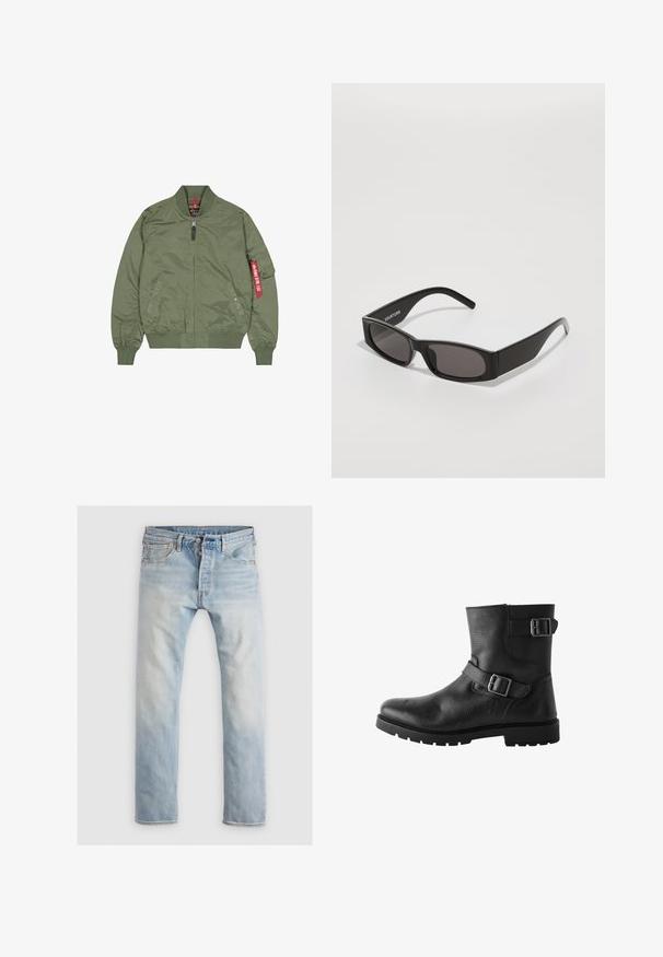 Olivgrüne Bomberjacke aus Nylonmaterial, mit Reißverschluss vorne, gerippten Bündchen und Saum, seitlichen Taschen, mit rotem Schlaufen-Detail am linken Ärmel.; Weißes langärmeliges Hemd mit Knopfleiste aus glattem Stoff. Verfügt über einen klassischen Kragen, eine durchgehende Knopfleiste und Ein-Knopf-Manschetten. Figurbetonter Schnitt.; Hellblaue Denim-Jeans, gerade geschnitten, mit einem verblassten Finish. Verfügt über fünf Taschen, einen Knopfverschluss und orangefarbene Nähte.; Next BIKER - REGULAR FIT - Cowboy-/Bikerstiefelette - black; Schwarze rechteckige Sonnenbrille mit dunklen Gläsern, einem glatten Kunststoffrahmen und einem dezenten Logo am linken Bügel. Minimalistisches Design.