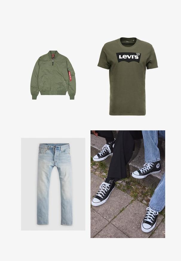 Bomberka w kolorze oliwkowym, materiał nylonowy, zamek z przodu, ściągacze u rękawów i na dole, kieszenie boczne, z czerwonym detalem na lewym rękawie.; T-shirt w oliwkowym kolorze z bawełny z dużym czarnym logo Levi's z przodu. Klasyczny okrągły dekolt i krótkie rękawy, gładka tekstura.; Jasnoniebieskie dżinsy, proste, z wyblakłym wykończeniem. Posiadają pięć kieszeni, zapięcie na guzik i pomarańczowe przeszycia.; Czarne wysokie trampki z kanwy z białymi gumowymi podeszwami i sznurówkami, z okrągłym logo z boku, w zestawie z dżinsami i czarnymi spodniami.