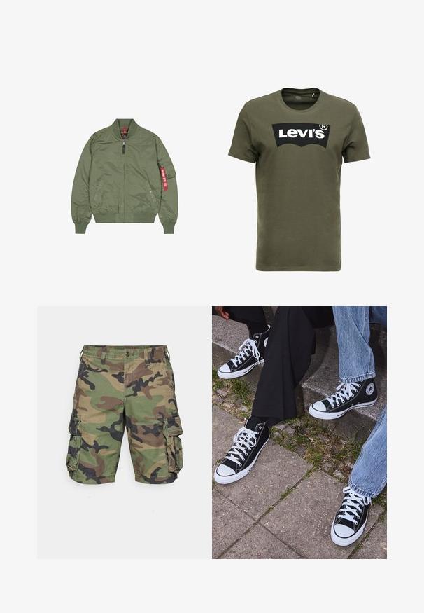 Casaco bomber verde-oliva, material em nylon, fecho de correr na frente, punhos e barra canelados, bolsos laterais, com detalhe de etiqueta vermelha na manga esquerda.; T-shirt de algodão verde oliva com um grande logo preto da Levi's na frente. Gola redonda clássica e mangas curtas, textura suave.; Calças de camuflagem em verde, castanho e preto. Feitas de tecido leve com bolsos laterais e fecho de botão, apresentando um corte descontraído.; Sneakers de lona pretos de cano alto com solas e atacadores brancos, apresentando um logótipo circular de lado e combinados com calças de ganga e calças pretas.