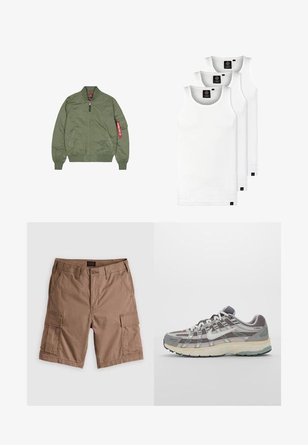 Olíva zöld bomber dzseki, nylon anyagból, cipzáros elülső rész, bordázott mandzsetták és alsó szegély, oldalsó zsebek, piros címke részlet a bal ujján.; Három fehér csíkos pamut trikó. Felső része kerek nyakkivágású, és a szegély közelében kis fekete címkék találhatók. Több méretben elérhető.; Barna bakancs rövidnadrág, pamutból készült, több oldalsó zsebbel, gombos záródással és sima frontrésszel. Sima tapintás, laza stílus.; Szürke sportcipő, hálós és velúr felsőrésszel, fehér részletekkel, párnázott talppal és jellegzetes dizájnnal, amely visszaverő elemeket tartalmaz.