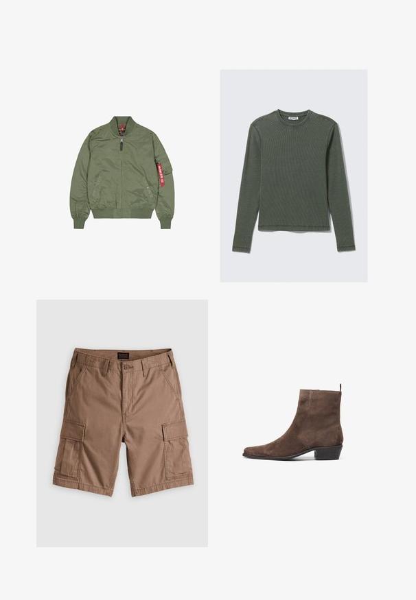 Maslinasto zelena bomber jakna, najlon materijal, zatvarač sprijeda, rebraste manžetne i rub, bočne džepove, s crvenom oznakom na lijevoj rukavu.; Dugi rukav, rebrasti top u tamnozelenoj boji, s okruglim izrezom i ravnim rubom. Izrađen od mekog materijala, s minimalnim šavovima i bez vidljivih uzoraka.; Smeđe cargo kratke hlače od pamuka, s višestrukim bočnim džepovima, zatvaranjem na dugme i ravnim prednjim dizajnom. Glatka tekstura, ležeran stil.; Smeđe zimske čizme od suede s izoštrenim vrhom, niskom blok petom i petnim uvučenim dijelom za lakše obuvanje. Glatka tekstura i jednostavan dizajn.