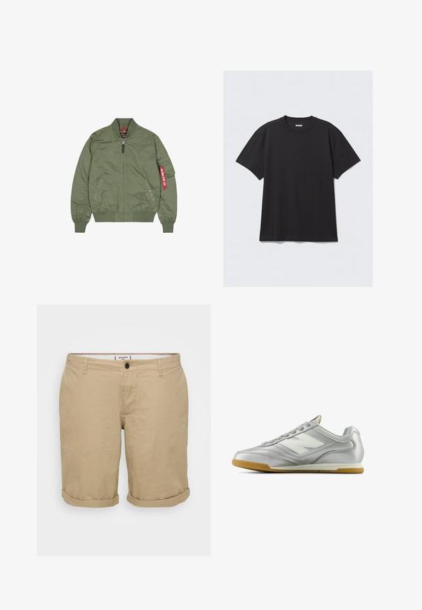 Veste bomber vert olive, en nylon, fermeture éclair à l'avant, poignets et ourlet côtelés, poches latérales, avec un détail de tag rouge sur la manche gauche.; T-shirt noir à manches courtes en coton. Il présente un col rond et une coupe décontractée. Design simple sans motifs ni accents visibles.; Shorts beige clair à coupe droite, en coton. Présentent un bouton frontal unique, des poches latérales et des ourlets retroussés.; Chaussure de sport argentée avec une surface lisse et brillante, logo blanc sur le côté, lacets gris texturés et semelle en caoutchouc gomme.