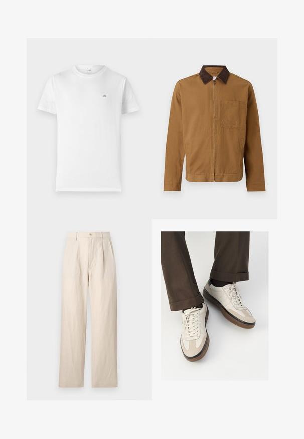 Hnedá zipsová bunda s tmavohnedým kordovým golierom, dlhými rukávmi a štvorcovou náprsní kapsou na ľavej strane.; Biely bavlnený tričko s klasickým okrúhlym výstrihom, krátkymi rukávmi a malým sivým logom GAP na ľavej strane hrude. Jednoduchý, neozdobený dizajn.; Bežové ľanové nohavice so voľným strihom, s plochým predným dielom, jediným gombíkovým zapínaním a dvoma vreckami. Zvrásnená textúra dodáva detail.; Béžové tenisky s textúrovanou zamšovou prednou časťou, hladkými koženými bočnými stranami a hnusou gumovou podrážkou. Obsahujú šnúrky a svetlé stehy ako detail.
