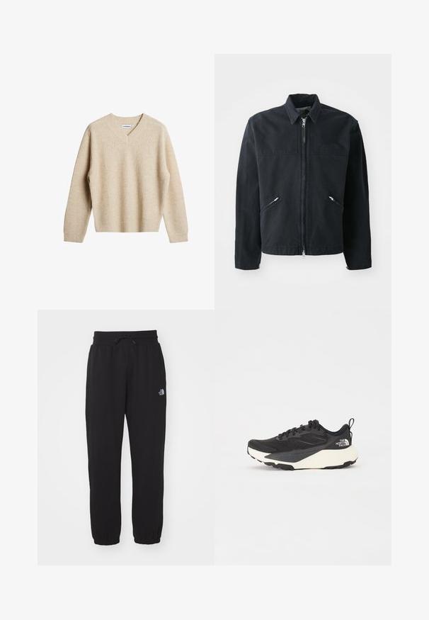 Svart zip-up jacka med en åtsittande design, två framfickor, ståkrage och en texturerad tygkvalitet. Har en logotyp på vänster sida.; Beige, ribbad stickad tröja med V-ringning och långa ärmar. Har en avslappnad passform och texturerad tyg för ökad värme och komfort.; Svarta sweatpants i mjukt tyg, med elastisk midja och dragsko, muddar vid anklarna och en liten logotyp på övre låret.; Svart sportskor med strukturerad meshöversida, helt svarta detaljer och vit lätt sula. Utökad med snörning och dragflik.