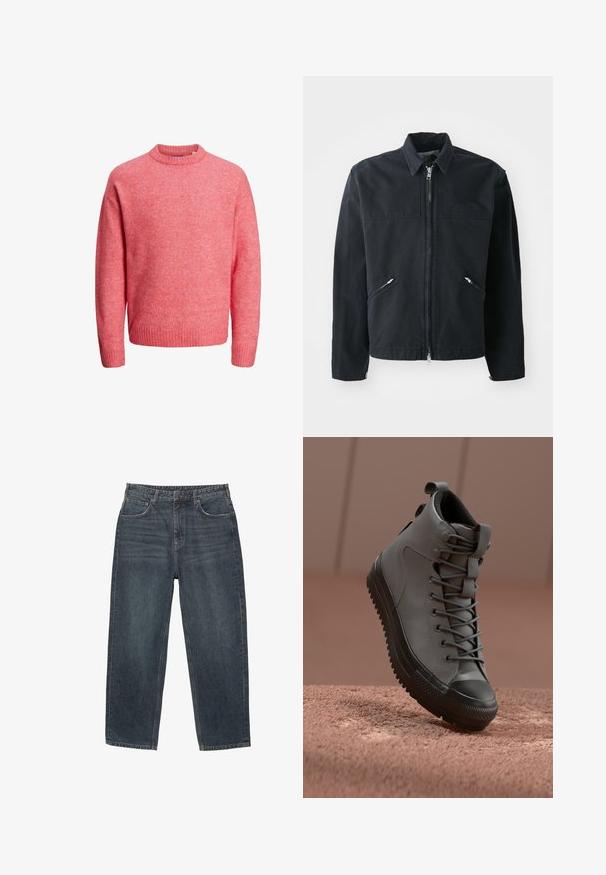 Crna jakna s patentnim zatvaračem, prilagođenog dizajna, s dva prednja džepa, okovratnikom i teksturiranim materijalom. Sadrži logo na lijevoj strani.; Mekana ružičasta dukserica s okruglim izrezom i dugim rukavima, s rebrastim manžetama i donjim rubom, prikazana na bijeloj pozadini.; Tamno plave traperice s ravnim nogavicama, pet džepova, petljama za pojas i suptilnim izbljeđivanjem na materijalu. Šivani detalji na rubu.; Visoka tenisica od sive kože s teksturiranim završetkom, crnim gumenenim kapicom za prste i sivim vezicama. Ima traku za povlačenje na peti.