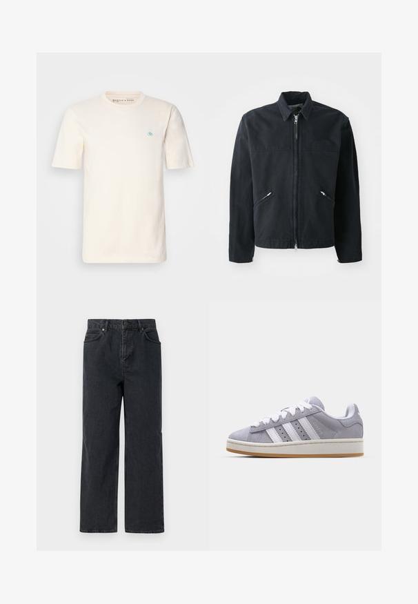 Schwarze Zip-Jacke mit tailliertem Design, zwei Fronttaschen, Stehkragen und strukturiertem Stoff. Verfügt über ein Logo auf der linken Seite.; Cremfarbendes Baumwoll-T-Shirt mit kurzen Ärmeln, Rundhals und einem kleinen blauen Emblem auf der linken Brust. Weicher Stoff und lockere Passform.; Dunkelblaue Denim-Hosen mit weitem Bein, Fünf-Taschen-Design und Knopfverschluss. Enthält Hardware in kupferfarbener Ausführung und eine subtile Textur.; Graue Wildledersneaker mit weißen Streifen, runder Spitze und Gummisohle. Besitzt Perforationen an der Seite und eine strukturierte Fersenschlaufe.