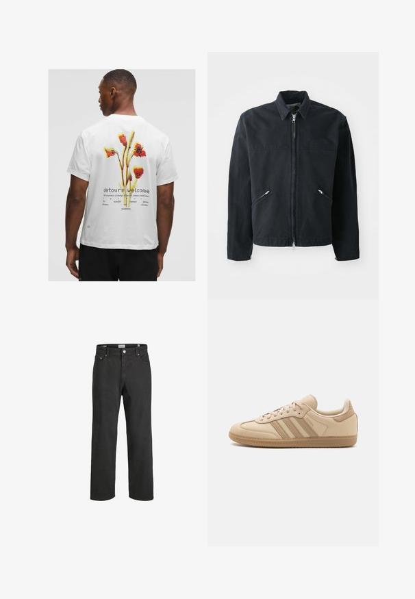 Musta tõmblukuga jakk, millel on kohandatud lõige, kaks esikotti, püsti krae ja tekstuuriga kangas. Vasakul küljel on logo.; Valge puuvillane T-särk, mille tagaküljel on punaste, kollaste ja roheliste lilledega graafika, millel on tekst "möödasõidud on teretulnud" ja brändi logo.; Mustad sirgedest jeanid, mis on valmistatud puuvillast, klassikalise viie-tasku kujundusega, nööpkinni ja peente õmbluse detailidega.; Bež nahkased sporditossud kolme horisontaalse triibuga, ümmargune varvas, lame pruun kummitald ning pehme kangast vooder krael ja keeletel.