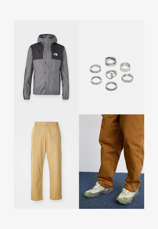 Vodoodolná bunda v sivej farbe s čiernymi akcentami, vybavená kapucňou, cvokmi a nastaviteľným lemom, vyrobená z ľahkej tkaniny.; Čierne tričko s dlhým rukávom vyrobené z bavlny, s okrúhlym výstrihom a rovnými strihom, s malým logom na rukáve.; Khaki nohavice vyrobené z ľahkej látky s rovnými nohavicami, so zapínaním na prednom gombíku a bočnými vreckami.; Svetlozelené a šedé športové topánky z mäkkej sieťoviny a syntetických materiálov, s bielymi šnúrkami a textom "1000" na boku. Hnedé nohavice s bielym prešívaním.; Sada siedmich strieborných prsteňov s rôznymi dizajnmi, vrátane skrútených, prepojených a gravírovaných vzorov. Rôzne tvary a šírky.