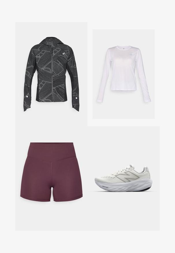 Juoda sportinė striukė su atspindinčiu geometriniu raštu, elegantiškas dizainas, visiškai užtraukiamas priekyje ir su gobtuvu. Turi kišenes ir rankogalių akcentus.; New Balance ATHLETICS LONG SLEEVE - Ilgarankovis viršutinės dalies drabužis - taro heather; Mauve atletiniai šortai pagaminti iš tamprios medžiagos, su aukštu juosmeniu ir lygiu paviršiumi, turintys kontrastingą siūlų detalę.; Baliniai sportiniai bateliai su tinklinio viršumi, turintys paminkštintą apykaklę, tekstūruotą padas ir "Fresh Foam" prekės ženklo logotipą ant vidurio pado.