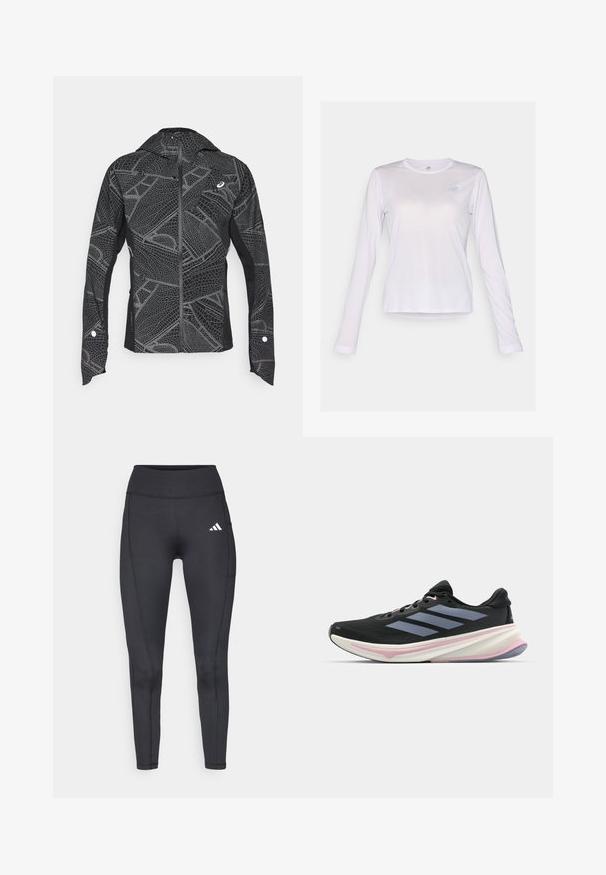 Fekete sportos dzseki fényvisszaverő geometrikus mintával, karcsú kivitel, teljes cipzáras előlapon és kapucnival. Zsebekkel és mandzsetta részletekkel rendelkezik.; New Balance ATHLETICS LONG SLEEVE - Hosszú ujjú felső - taro heather; Fekete bordás leggings magas derékkal, oldalsó zsebbel és kis fehér logóval a bal combon. Sima textúra, testhez álló fazon.; Fekete futócipő hálós felsőrésszel, világoslila részletekkel és három vízszintes szürke csíkkal. Jellemzője a párnázott talp a kényelem érdekében.