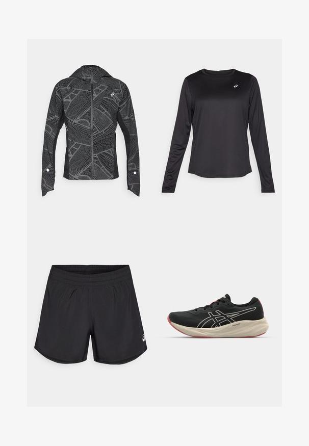 Schwarze Sportjacke mit reflektierendem geometrischen Muster, schlankem Design, durchgehendem Reißverschluss und Kapuze. Mit Taschen und Akzenten an den Bündchen.; Schwarzes langärmliges Sportshirt aus leichtem Stoff. Mit Rundhalsausschnitt und kleinem Logo auf der Brust. Glatte Textur.; Schwarze Sportshorts mit elastischem Bund, glatter Textur und dezenten seitlichen Schlitzen. Mit einem kleinen weißen Logo auf der unteren rechten Seite.; Schwarzer Sportschuh mit einem Obermaterial aus Mesh und weißen Akzenten. Verfügt über eine gepolsterte Mittelsohle und ein rotes Außensohlen-Detail. Leichtes Design.