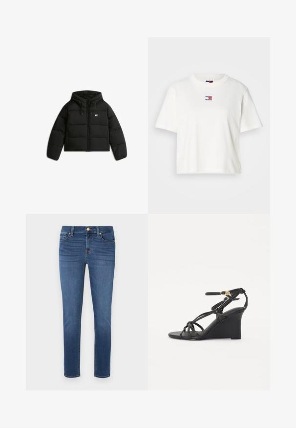 Černá zkrácená péřová bunda s kapucí, s zipovým zapínáním, elastickými manžetami a malým logem na levé přední straně.; Bílý bavlněný tričko s kulatým výstřihem a krátkými rukávy. Na hrudi se nachází malá barevná nášivka s červenými, modrými a bílými akcenty.; Úzké džíny v tmavě modré denimové barvě s hladkou texturou, které mají zipový zapínání a knoflíkový uzávěr, pět kapes a kontrastní prošívání.; Černé klínové sandály s tenkými křížovými pásky a nastavitelným řemínkem na kotníku se zlatou sponou. Hladký kožený povrch.