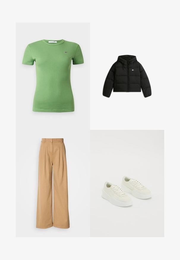 Crna skraćena puffer jakna s kapuljačom, s patentnim zatvaračem, elastičnim manžetama i malim logotipom na prednjoj lijevoj strani.; Rebrasta zelena majica od pamuka, s kratkim rukavima, okruglim izrezom i malim izvezenim logom na prsima.; Hlače sa širokim nogavicama u bež pamuku, s naborima u struku, visokom strukom i glatkom teksturom. Nema vidljivih metalnih dijelova ili uzoraka.; Bijele niske tenisice s debelim potplatima i vezicama, s perforiranim detaljima sa strane i u prednjem dijelu, prikazane na bijeloj pozadini.