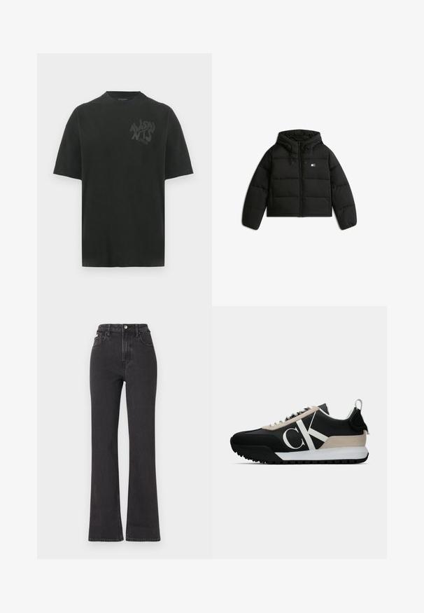 Zwarte cropped pufferjack met capuchon, voorzien van een rits, elastische manchetten en een klein logo aan de linkerkant van de voorkant.; Zwarte katoenen T-shirt met een relaxte pasvorm, ronde halslijn en subtiele tonale logo-tekst op de linkerborst. Korte mouwen, gladde textuur.; Zwarte hoge taille flared jeans van denim, met een knoopsluiting, riemlussen en zijzakken. Gladde textuur met minimale vervaging.; Zwarte sneaker met een beige suède accent, wit logo, rubberen zool en veters. Heeft een duurzame bovenkant en een trekstrip aan de hiel.