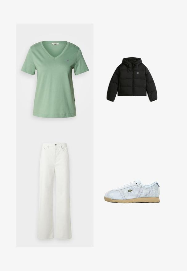 Chaqueta acolchada corta negra con capucha, con cierre de cremallera, puños elásticos y un pequeño logo en el lado izquierdo delantero.; Camiseta de algodón verde con escote en V y mangas cortas. Presenta un pequeño logo bordado en el pecho y un corte relajado.; Samsøe Samsøe SHELLY - Vaqueros boyfriend - clear cream; Zapatillas de malla azul claro con suela de goma beige, cordones blancos y detalle del logo en verde. Presentan una puntera redonda y paneles laterales texturizados.