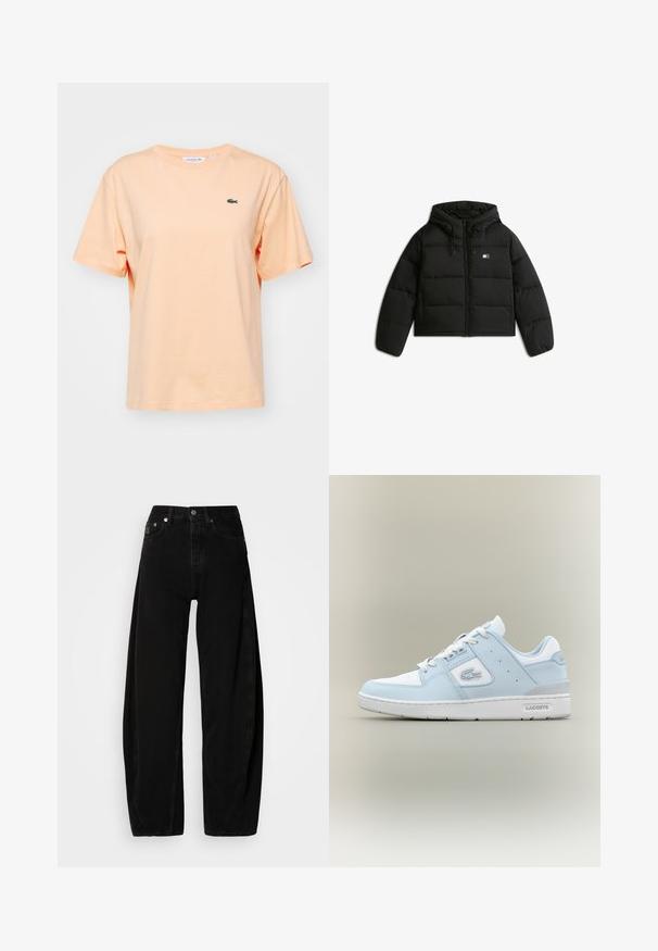 Black cropped puffer jacket with a hood, featuring a zip closure, elastic cuffs, and a small logo on the front left side.; Peach cotton t-shirt with short sleeves and a round neckline. Features a small green Lacoste crocodile logo on the chest.; Black denim wide-leg trousers with a high waist, featuring a button fly, five pockets, and minimal stitching details.; Light blue leather sneaker with white accents, rounded toe, textured panel on the side, and a grey heel. Features classic lace-up design.