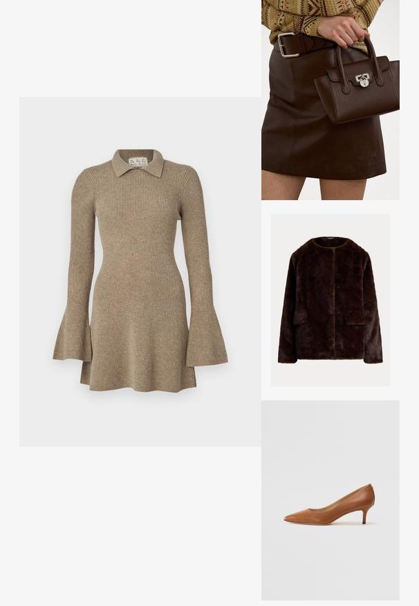 Brūna mākslīgā kažokāda ar apaļu dekoltē, atvērtu priekšpusi un divām sānu kabatām; mīksta tekstūra ar gludu apdari.; Brūns svītrots adīts kleita ar apkakles dekoltē, garām zvana piedurknēm un pieguļošu jostu, kas paplašinās apakšā.; Lauren Ralph Lauren ADRIENNE - Klasiski papēži - deep saddle tan; Brūna ādas rokassoma ar teksturētu apdari un sudraba furnitūru, turēta ar roku blakus brūnai ādas svārkiem un ar rakstu svārkiem.