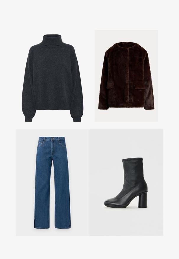 Chaqueta de piel sintética marrón con cuello redondo, abertura frontal y dos bolsillos laterales; textura suave con un acabado liso.; Gestuz MANZI ROLLNECK - Jersey de punto - deep graphite; Jeans de tiro alto y pierna ancha en color azul, con bolsillos delanteros y traseros, cierre de botones y costuras visibles sobre un fondo blanco.; Bota de cuero negra hasta la mitad de la pantorrilla con puntera redonda y un tacón alto y robusto, presentada sobre un fondo gris claro y liso.
