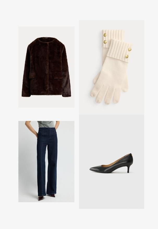 Ruskea tekoturkisvalkoinen takki, jossa on pyöreä kaulus, auki edessä ja kaksi sivutaskua; pehmeä rakenne ja sileä pinta.; Musta pitkähihaista paitaa, jossa on kultaketjumainen kuvio, kaulus ja nappisuljenta. Suunnitteltu sileästä kankaasta, joka tarjoaa rennon istuvuuden.; Tummansininen korkeavyötäröinen farkku, jossa leveät lahkeet, kaksi etutaskua ja siisti viimeistely. Sileä pinta ja jämäkkä rakenne.; Mustat nahka-korkokengät, joissa on terävä kärki, matala korko ja sileä pinta. Edessä on pieni aukko ja takana minimaalinen varustus.; Kermakuvion villakumeet, joissa on ribbattujen hihansuiden yläosassa kaksi koristeellista kultapainiketta. Pehmeä rakenne ja sormia varten avonaiset osat.