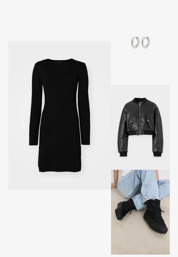 Čierna skrátená bomberská bunda vyrobená z textúrovanej kože s rebrovanými manžetami, s dvomi chlopňovými vreckami a predným zipsom.; Čierne dlhé šaty s dlhým rukávom vyrobené z rebrovanej tkaniny. Pozostávajú z priliehajúcej siluety, okrúhleho výstrihu a centrálneho švu.; Čierne tenisky po členky s polstrovaným zvrškom, textilným povrchom a nastaviteľnými šnúrkami. Hrubé gumové podrážky a elegantný, minimalistický dizajn.; Strieborné kruhové náušnice s lešteným povrchom, s obvodovým dizajnom a bezšvíkovými pántmi, ktoré majú hladkú textúru.