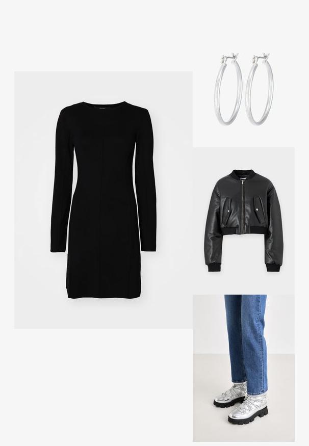 Črna kratka bomber jakna iz teksturirane usnjene tkanine z rebrastimi manšetami, ki vključuje dva žepa s poklopcem in zadrgo na sprednji strani.; Črna dolgo rokav obleka iz rebraste tkanine. Ima prilegajoč silhueto, okroglo izrez in osrednji šiv.; Metalne srebrne gležnjače z robustnim črnim podplatom, s podloženim zgornjim delom in vezalkami, v kombinaciji z modrimi ravnimi kavbojkami.; Srebrni obroči za ušesa z gladko, polirano površino. Okrogla oblika in varna zaponka s klikom. Lahka zasnova, primerna za vsakodnevno nošenje.