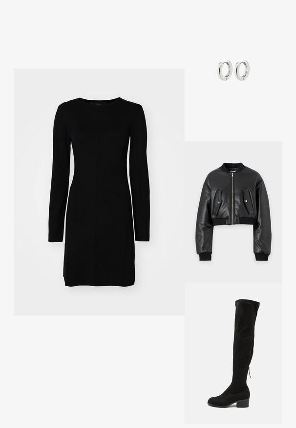 Melnā īsā bomberjakā, izgatavotā no teksturētas ādas, ar ribotiem piedurkņu galiem, divām kabatām ar atloku un priekšējo rāvējslēdzēju.; Melna garām piedurknēm kleita, kas izgatavota no ribota auduma. Iezīmēta ar pieguļošu siluetu, apaļu kakla izgriezumu un centrālo šuvju detaļām.; Melnas augstas līdz ceļgaliem augstpapēžu zābaki, izgatavoti no mīksta zamšādas auduma, ar kvadrātveida papēdi un sānu rāvējslēdzēju, kas nodrošina ērtu uzvilkšanu. Gluda tekstūra.; Sudraba apli auskari ar spīdīgu apdari, kuriem ir apaļa forma un bezšuvju eņģes, rādot gludu virsmu.