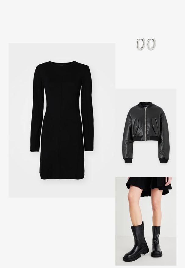 Črna kratka bomber jakna iz teksturirane usnjene tkanine z rebrastimi manšetami, ki vključuje dva žepa s poklopcem in zadrgo na sprednji strani.; Črna dolgo rokav obleka iz rebraste tkanine. Ima prilegajoč silhueto, okroglo izrez in osrednji šiv.; Črne usnjene gležnarje s debelim podplatom, ki imajo gladko teksturo, stransko šivanje in zanko na vrhu za lažje obuvanje.; Srebrni obročasti uhani s poliranim finišom, ki se ponašajo s krožno zasnovo in brezšivnimi tečaji ter gladko teksturo.