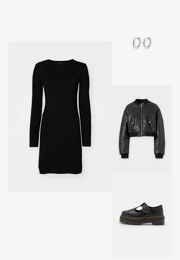 Must lõhustatud bomber-jakk, mis on valmistatud tekstureeritud nahast, ribidega varrukatega. Ees on kaks klapp-taskut ja tõmbluku sulgemine.; Must have käsi ja pikkade varrukatega kleit, mis on valmistatud ribakangast. Omab vormitud siluetti, ümarat kaelust ja keskmist õmblust.; Dr. Martens BETHAN - Jalga libistatavad jalanõud - black; Hõbedased rõngassüstid läikiva viimistlusega, millel on ümmargune disain ja sujuvad hinged, mis näitavad sileda tekstuuri.