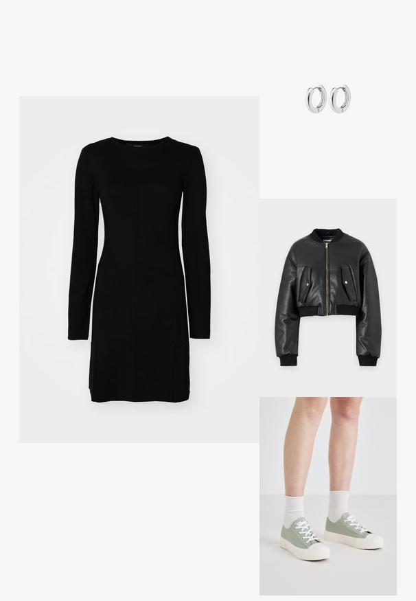 Crna skratena bomber jakna izrađena od teksturirane kože sa rebrastim manžetama, koja ima dva džepa s preklopom i zatvaranje na prednjem dijelu pomoću patentnog zatvarača.; Crna haljina dugih rukava od rebraste tkanine. Ima uski kroj, okrugli izrez i središnji detalj šava.; Svijetlozelene platnene tenisice s bijelim gumenim potplatima i vezicama. Imaju zaobljeni vrh i teksturirani bijeli đon. U paru s bijelim čarapama.; Srebrne kružne naušnice s poliranim završetkom, koje imaju kružni dizajn i bešavne šarke, prikazujući glatku teksturu.