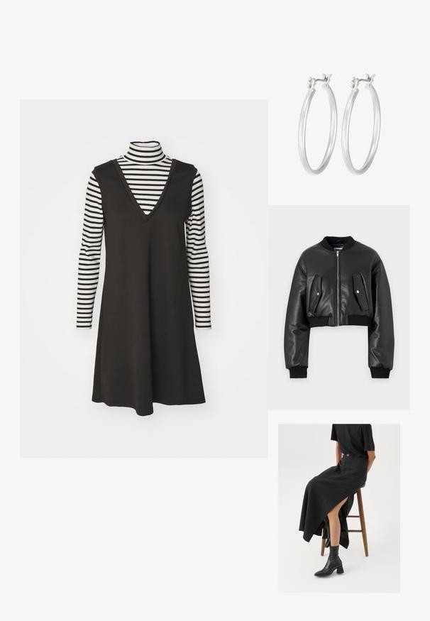 Juodas trumpas aviacijos tipo švarkas, pagamintas iš tekstūruotos odos, su raištiniais rankogaliais, turintis dvi užklotines kišenes ir priekinį užtrauktuką.; Juoda begalinė suknelė su V formos iškirpte, uždengta juodai baltu šoniniu dryžiuotu ilgomis rankovėmis marškinėliu. Medvilninė medžiaga, laisvas siluetas, vertikalūs dryžiai.; Juoda lininė maksi sijonas su aukštu plyšiu, vilkimas su juodu marškinėliu ir juodais aulinukais. Minimalistinis dizainas su laisvu siluetu.; Sidabriniai auskarai su sklandžiu, poliruotu paviršiumi. Apvalios formos ir saugus uždarymo mechanizmas. Lengvas dizainas, tinkantis kasdieniam dėvėjimui.