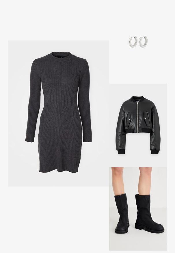 Melnā īsā bomberjakā, izgatavotā no teksturētas ādas, ar ribotiem piedurkņu galiem, divām kabatām ar atloku un priekšējo rāvējslēdzēju.; Tumši pelēks ribots adījuma kleita ar garām piedurknēm, apaļu kakla izgriezumu un nedaudz paplatinātu apakšmalu. Satur vertikālu ribojumu un mīkstu tekstūru.; Melnas ceļgala augstuma zābaki, izgatavoti no gludas auduma materiāla ar biezu gumijas zoli, ar minimālistisku dizainu un diskrētām šuvēm.; Sudraba apli auskari ar spīdīgu apdari, kuriem ir apaļa forma un bezšuvju eņģes, rādot gludu virsmu.