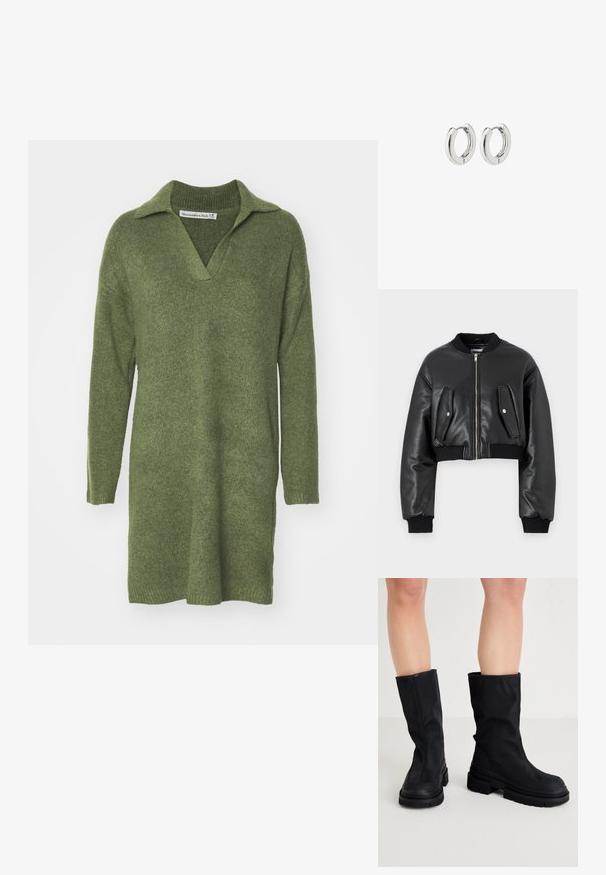 Melnā īsā bomberjakā, izgatavotā no teksturētas ādas, ar ribotiem piedurkņu galiem, divām kabatām ar atloku un priekšējo rāvējslēdzēju.; Zaļš adīts kleitas ar apkakles materiālu un garām piedurknēm. Iezīmē atslābinātu piegriezumu un nedaudz sašaurinātu apakšējo malu, izgatavota no mīkstas vilnas sajaukuma.; Melnas ceļgala augstuma zābaki, izgatavoti no gludas auduma materiāla ar biezu gumijas zoli, ar minimālistisku dizainu un diskrētām šuvēm.; Sudraba apli auskari ar spīdīgu apdari, kuriem ir apaļa forma un bezšuvju eņģes, rādot gludu virsmu.