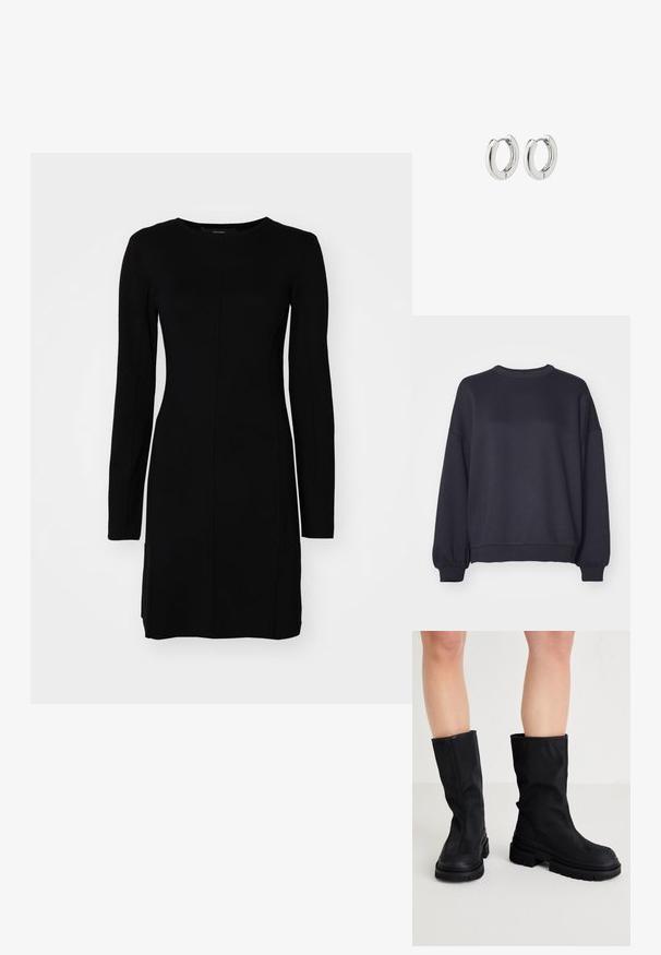 Must lõhustatud bomber-jakk, mis on valmistatud tekstureeritud nahast, ribidega varrukatega. Ees on kaks klapp-taskut ja tõmbluku sulgemine.; Tume merev snood pehmest kangast. Omab ümmargust kaela lõiget, langenud õlgu ning soonikkoes varrukaid ja alläärte. Lihtne disain, ilma mustriteta.; Must have käsi ja pikkade varrukatega kleit, mis on valmistatud ribakangast. Omab vormitud siluetti, ümarat kaelust ja keskmist õmblust.; Mustad kuni põlvede saapad, mis on valmistatud siledast tekstiilist materjalist, pakuvad paksu kummist tallaga, omades minimalistlikku disaini ja peeneid õmblus detaile.; Hõbedased rõngassüstid läikiva viimistlusega, millel on ümmargune disain ja sujuvad hinged, mis näitavad sileda tekstuuri.