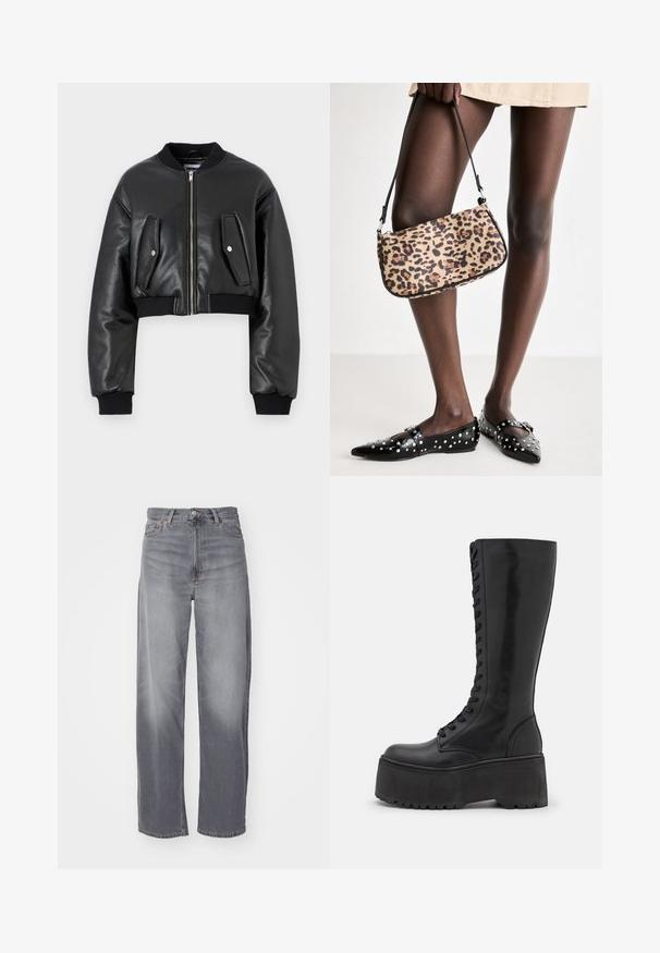 Jachetă bomber neagră scurtă, realizată din piele texturată, cu manșete ribbate, având două buzunare cu clapetă și închidere cu fermoar în față.; Cămașă albă cu nasturi, confecționată din bumbac neted, având un guler clasic, mâneci lungi și un tiv curbat. Nasturii sunt mici și albi.; Weekday RAIL MID LOOSE STRAIGHT - Blugi drepți - misty grey; Zign LEATHER - Cizme cu șireturi - black; Geantă cu imprimeu de leopard, cu o curea neagră, având o formă rectangulară și o textură netedă. Geanta este ținută alături de pantofi plate negri cu ținte.