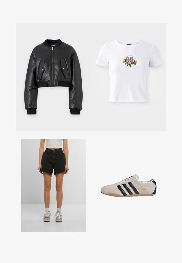 Fekete, rövidített bomber dzseki textúrált bőrből, bordás mandzsettákkal, két hajtókás zsebbel és elülső cipzáras záródással.; Fehér, rövid ujjú, testhezálló póló, középen hímzett rózsa grafikával, amely körben szöveggel van ellátva.; Fekete farmer rövidnadrág magas derekkal, nyers szélekkel és oldalsó zsebekkel, fehér sportcipőkkel és bokazoknival párosítva.; Suede sportcipő szürke felsőrésszel, fekete csíkokkal és gumiból készült talppal. Fűzős záródással és arany logó részlettel rendelkezik az oldalon.