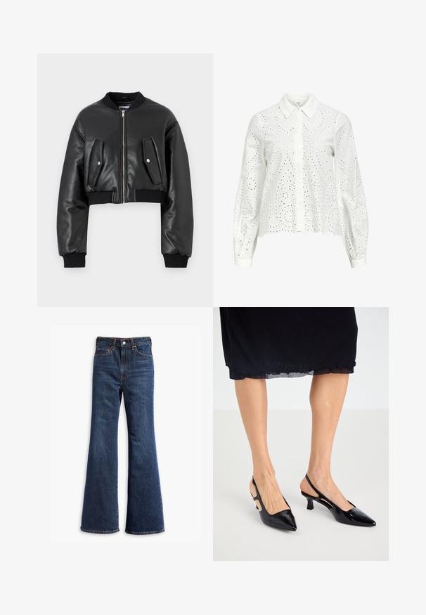 Čierna skrátená bomberská bunda vyrobená z textúrovanej kože s rebrovanými manžetami, s dvomi chlopňovými vreckami a predným zipsom.; Biela košeľa s dlhým rukávom a golierom, s očkovou výšivkou v paisley vzore a gombíkovým zapínaním po celej prednej strane.; Džíny z tmavomodrého denimu s vysokým pásom, rozšírenými nohavicami, predným zapínaním na gombík a zips a dizajnom s piatimi vreckami.; Čierne lakované kožené podpätky na pätách so špicatou špičkou, mačacím podpätkom a výrezom na stranách. Hladká textúra s lesklým povrchom.