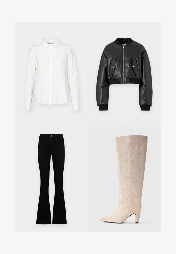 Black cropped bomber jacket made of textured leather with ribbed cuffs, featuring two flap pockets and a front zipper closure.; White, long-sleeve button-up shirt with a collar, made from smooth fabric; features a straight cut and subtle texture.; Black high-waist jeans with a button and zip closure, front pockets, and flared legs laid flat on a white background.; Cream faux crocodile leather knee-high boot with a pointed toe and tapered heel. Smooth texture with defined pattern across the shaft.