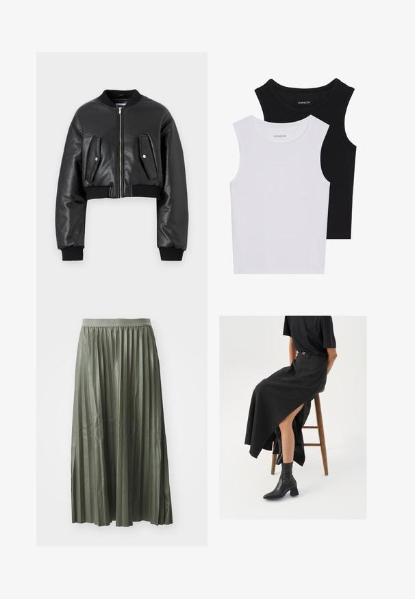 Črna kratka bomber jakna iz teksturirane usnjene tkanine z rebrastimi manšetami, ki vključuje dva žepa s poklopcem in zadrgo na sprednji strani.; Dve brezrokavne majice v črni in beli barvi, izdelane iz rebrastega bombaža, z okroglimi izrezi in prilegajočim oblikovanjem. Oznake so vidne na obeh.; Nabrana midi krila v umirjeni zeleni barvi, izdelana iz sijoče tkanine. Ima elastičen pas in pada do sredine meč z enakomerno razmaknjenimi navpičnimi nabranimi gubami.; Črna lanena maxi krilo z visokim razporkom, oblečeno s črno majico in črnimi gležnjarji. Minimalističen dizajn z udobnim krojem.