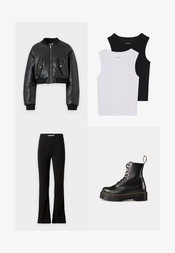 Crna skratena bomber jakna izrađena od teksturirane kože sa rebrastim manžetama, koja ima dva džepa s preklopom i zatvaranje na prednjem dijelu pomoću patentnog zatvarača.; Dva majica bez rukava u crnoj i bijeloj boji, izrađene od rebrastog pamuka, s okruglim izrezima i prianjajućim dizajnom. Oznake su vidljive na obje.; Crne tregere s raširenim nogavicama, glatke teksture i elastičnim pojasom s bijelim logotipom. Dizajnirane za udobnost i fleksibilnost.; Crne kožne čizme s vezanjem do članka, s debelim crnim potplatom i žutim šavom. Imaju traku za povlačenje na stražnjoj strani i okrugle metalne rupice.