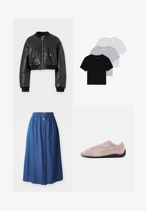 Zwarte korte bomberjack van gestructureerd leer met ribgebreide boorden, voorzien van twee klepzakken en een rits aan de voorkant.; Set van drie korte mouwen t-shirts in zwart, grijs en wit. Gemaakt van katoen, met een ronde hals en een eenvoudig, effen kleurontwerp.; Denimrok met een elastische tailleband, blauwe stof, volledige lengte, knoopsluiting aan de voorkant en subtiele textuur. Geen zichtbare patronen of accenten.; Roze suedine sneaker met grijze accenten, gestroomlijnd ontwerp, textuur upper en zwarte rubberen zool. Kenmerkt het Puma-logo aan de zijkant.