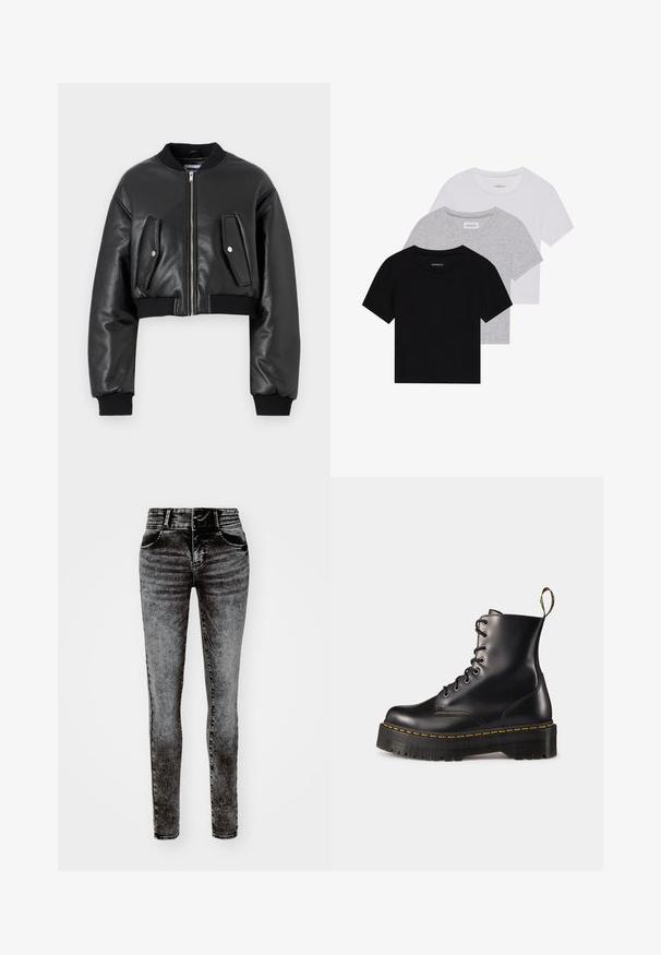 Must lõhustatud bomber-jakk, mis on valmistatud tekstureeritud nahast, ribidega varrukatega. Ees on kaks klapp-taskut ja tõmbluku sulgemine.; Kollektsioon kolm lühikese varrukaga T-särki mustas, hallis ja valges värvitoonis. Valmistatud puuvillast, ümmarguse kaelusega ja lihtsa, ühevärvilise disainiga.; Kitsad teksapüksid tuhm musta pesu, millel on kõrge vöökoht, ribaga vöö, kaks eesmist taskut ja peened õmblusdetailid.; Mustad musta nahast kingad, millel on paks must solk ja kollane õmblus. Tagaküljel on tõmblõng ja ümmargused metallisest silmad.