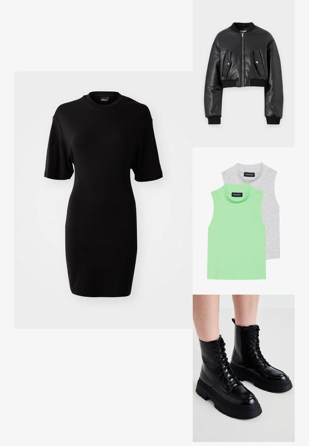 Mustat lyhyet bomber-tyyliset takit, jotka on valmistettu teksturoidusta nahasta, ribbettyneillä hihansuilla, kahdella läpällisellä taskulla ja edessä vetoketjukiinnityksellä.; Kaksi hihattomaa poolopaitaa: yksi vaaleanvihreä ribbikangas ja toinen harmaa, suoran leikkauksen ja pehmeän, sileän tekstuurin omaava.; Musta, lyhythihainen mekko, joka on valmistettu pehmeästä kankaasta. Siinä on pyöreä kaula-aukko ja vartaloa myötäilevä malli, joka ulottuu polveen asti.; Mustat nahka nilkkurit, joissa on paksu pohja, nauhakiinnitys edessä ja sivuvetoketju; sisältää sileän pinnan ja kohotetun varvaskannan.